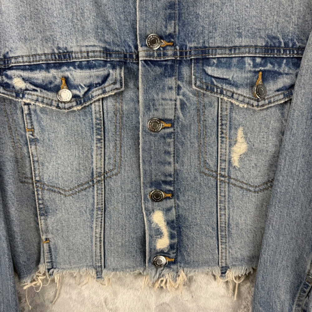 H&M &Denim Womens Light Wash Distressed Cropped Jean Jacket Blue Small Bikercore - Picture 10 of 16